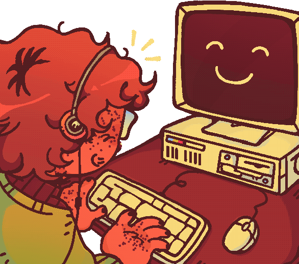 a tan girl typing at her computer, she has orange dyed hair and large glasses