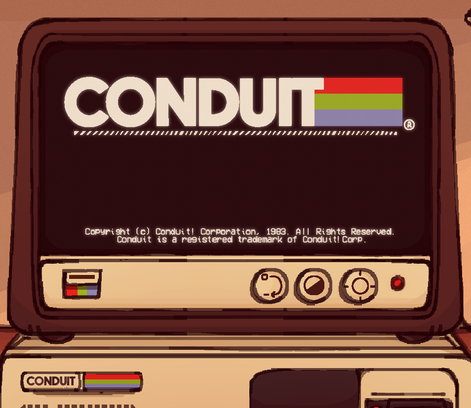 An 80s computer powered on. It says the words Conduit! on the screen with three colorfull stripes extending from the end of the word.