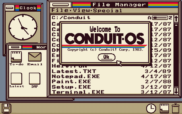 A old school style OS start screen. There is a big open tab that reads Welcome to Conduit OS