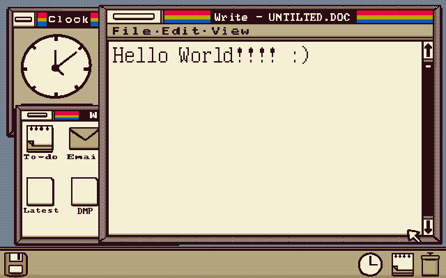 A writing program open with the words Hello World!typed in it.